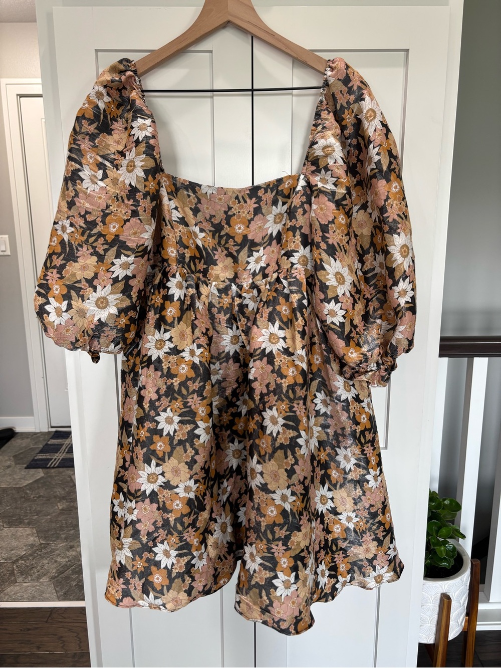 Storia Black Babydoll Floral Puff-Sleeve Mini Dress with Mustard & Cream Blooms